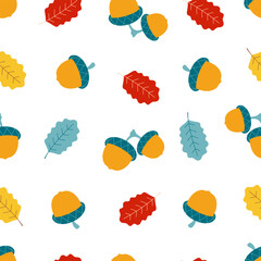 Naklejka premium autumn seamless pattern with colorful leaves and acorns isolated on white background, flat vector design
