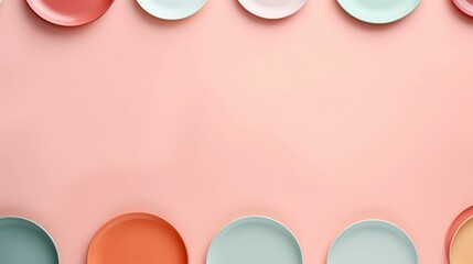 space for text on pastel background surrounded by decorative plates from top view, background image, AI generated