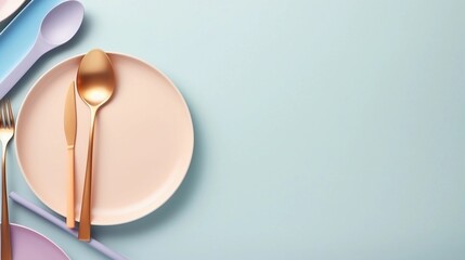 space for text on pastel background surrounded by plates spoons and forks from top view, background image, AI generated