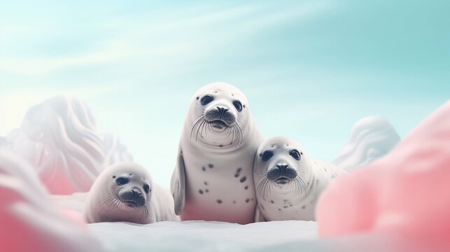 space for text on pastel background surrounded by seals, background image, AI generated
