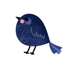 Hand drawn cute blue bird with pink and black elements. Textured png illustration