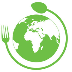 Illustration World Food Day.Globe with a spoon and fork on a white background.