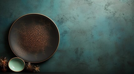 space for text on textured background surrounded by decorative plates, background image, AI generated