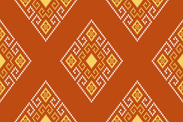 Orange vintages cross stitch traditional ethnic pattern paisley flower Ikat background abstract Aztec African Indonesian Indian seamless pattern for fabric print cloth dress carpet curtains and sarong