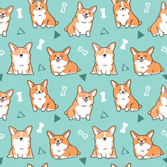 Seamless Pattern of Cute Cartoon Corgi Dog Design on Green Background