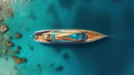 An aerial drone captures a top-down view of the front section of a luxurious yacht, complete with a wooden deck, as it is anchored in the pristine, exotic turquoise waters of a paradisiacal island bay