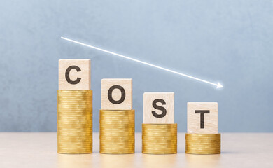 Cost reduction Concept. Cost text with down arrow. reduction in the cost of product services,...
