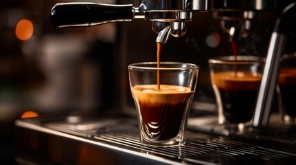 Cafe Perfection: Espresso Pouring from Coffee Machine for a Rich and Flavorful Experience