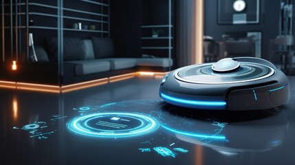 wireless futuristic vacuum hoover cleaning machine robot on schedule in a living room with HUD datum data and controls
