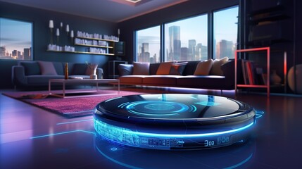 wireless futuristic vacuum hoover cleaning machine robot on schedule in a living room with HUD datum data and controls