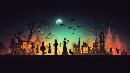 Minimalist Halloween Scene with Multiple Monsters
