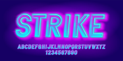 Strike alphabet font. Dynamic glowing neon letters and numbers. Stock vector typeface for your design.