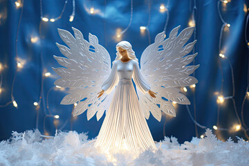statue of an angel with wings on a blue background, praying angel 