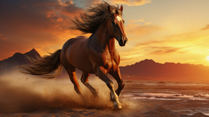 a galloping horse in full growth with a long mane in motion against the backdrop of sunset.