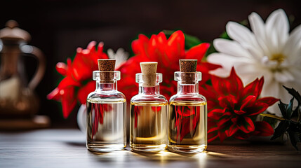 bottles of different oils with poinsettia flowers 