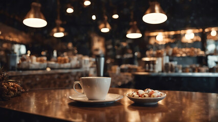 Cafe with coffee and cakes and lamps - obrazy, fototapety, plakaty
