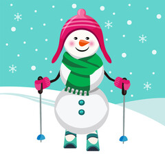 Snowman on skis on winter landscape background. Vector cartoon illustration.