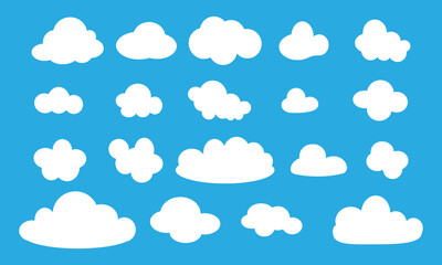Vector illustration cartoon cloud set. Clouds isolated on blue sky panorama vector collection. Cloudscape in blue sky flat style doodle for different design uses.