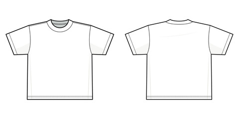 Basic T-shirt flat technical fashion illustration. Tee shirt vector template illustration. front and back view. regular fit. drop shoulder. unisex. white color. CAD mockup.