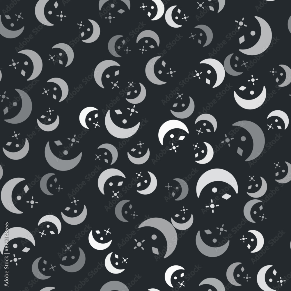 Sticker Grey Moon and stars icon isolated seamless pattern on black background. Cloudy night sign. Sleep dreams symbol. Night or bed time sign. Vector Illustration