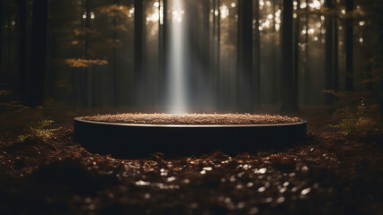Podium or surface for products against the background of a forest
