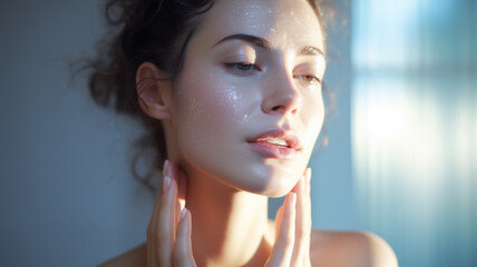 A beautiful woman who has just finished washing his face. A woman feeling the moisturizing effects of a beauty product. cosmetics photo, beauty industry advertising photo.