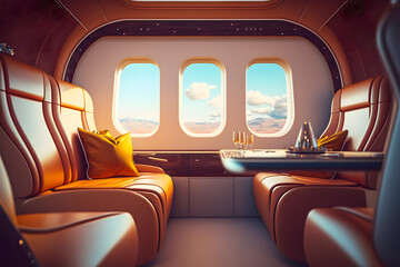 luxury interior in the modern business jet and sunlight table with booze and cutlery, food in flight clouds through the porthole. Generative AI