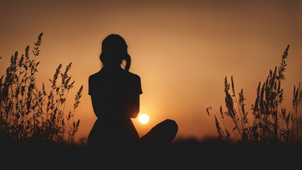 Silhouette of a praying girl with folded palms at sunset