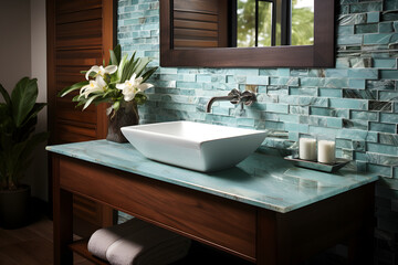 A bathroom with soft ocean blues, flora decor, and natural stone surfaces. Soft natural light gives a refreshing feel.