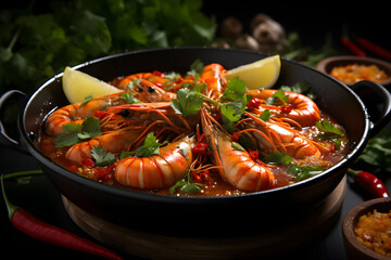 Tom Yum Goong with large shrimp in a bowl - obrazy, fototapety, plakaty
