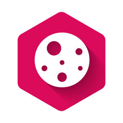 White Planet Mars icon isolated with long shadow background. Pink hexagon button. Vector