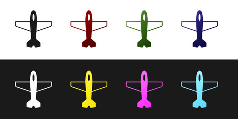 Set Plane icon isolated on black and white background. Flying airplane icon. Airliner sign. Vector