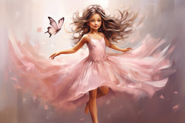 Cute little princess in pink dress with Flowers and butterflies