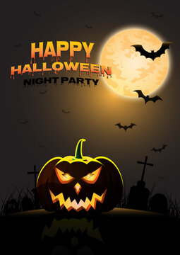 Happy halloween night party poster concept design with pumpkin scary face and carved put candle inside,full moon ,bats flying in the sky over the grave.