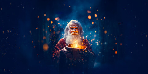 Santa Claus or Saint Nicholas holding magic gift box. Christmas time. Fairytale - obrazy, fototapety, plakaty