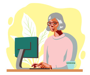 パソコンを使うシニア女性のイラスト