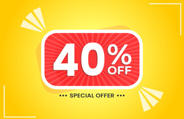 40% off. Yellow banner with 40 percent discount on a red balloon for mega big sales. 40% sale