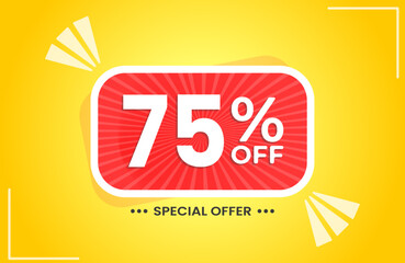 75% off. Yellow banner with 75 percent discount on a red balloon for mega big sales. 75% sale