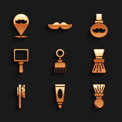 Set Hairbrush, Cream or lotion cosmetic tube, Shaving, Hand mirror, Beard mustaches care oil bottle and Barbershop icon. Vector