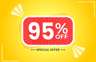 95% off. Yellow banner with 95 percent discount on a red balloon for mega big sales. 95% sale