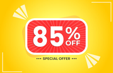 85% off. Yellow banner with 85 percent discount on a red balloon for mega big sales. 85% sale