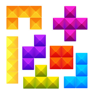 Game bricks set, colorfull blocks clasic logic game, puzzle in cartoon style isolated on white background. Creative detailed shapes