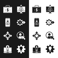 Set Gear with dollar, Startup project concept, Briefcase and money, Project team base, Create account screen, Light bulb gear and laptop icon. Vector