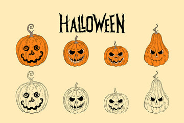 Halloween pumpkins. Orange pumpkin jack.  Vector illustration
