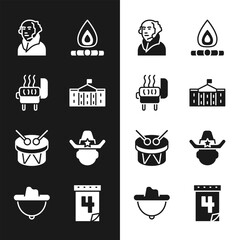 Set United States Capitol Congress, Barbecue grill, George Washington, Campfire, Drum and drum sticks, Sheriff cowboy, Calendar with date July 4 and Western hat icon. Vector