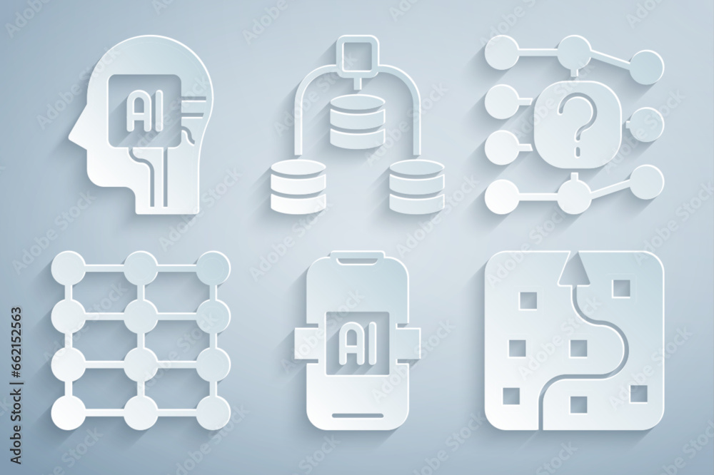 Poster set artificial intelligence ai, neural network, server, data and humanoid robot icon. vector