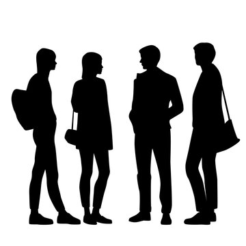 Vector silhouettes of  men and a women, a group of standing   business people, with backpack,profile, black  color isolated on white background