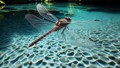 こちらは透き通った池の上を飛んでいるオニヤンマの写真です。羽のディテールの質感が強調されており、非常にリアルに描写されています。 - obrazy, fototapety, plakaty