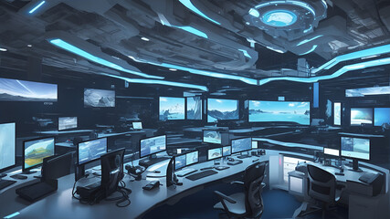 futuristic workspace with  computer monitors for  Background - obrazy, fototapety, plakaty