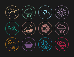 Naklejka premium Set line Cloud with rain and moon, Sun cloud weather, Sunset, stars, Eclipse of sun and icon. Vector